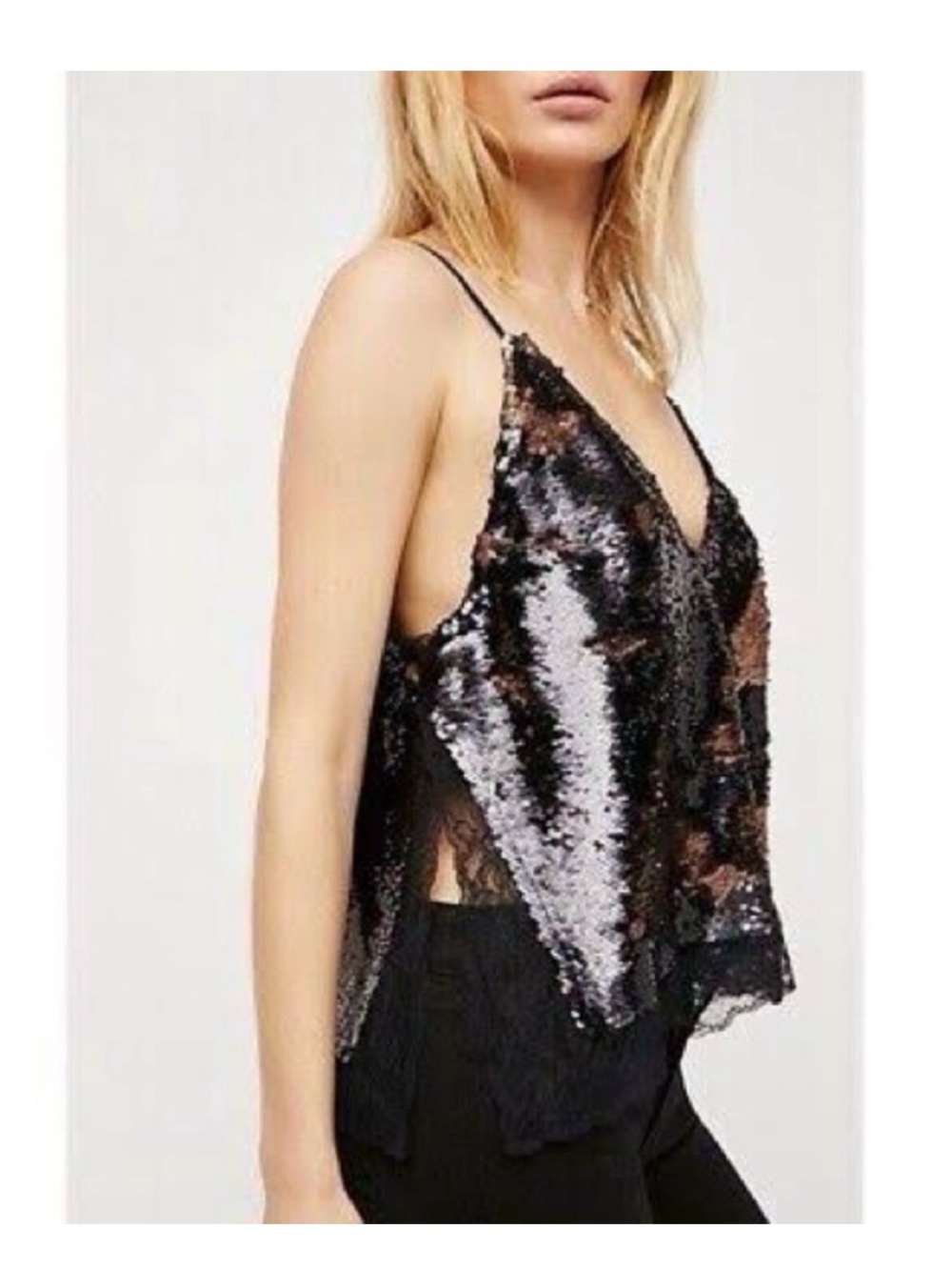 Sequin V-Neck Cami Tank Top - Black